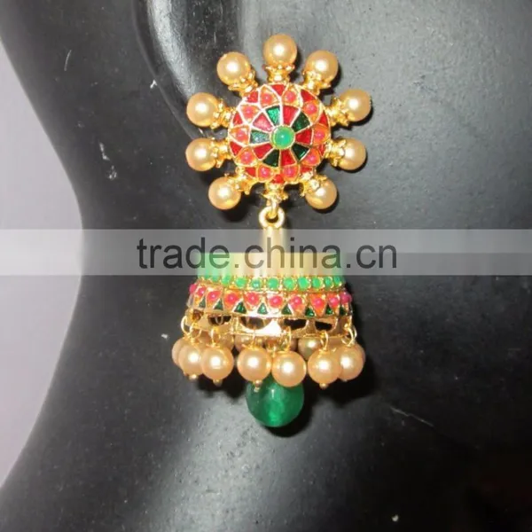 Jhumka Enamel Polki Gold Tone Dangler EARRINGS photo-2