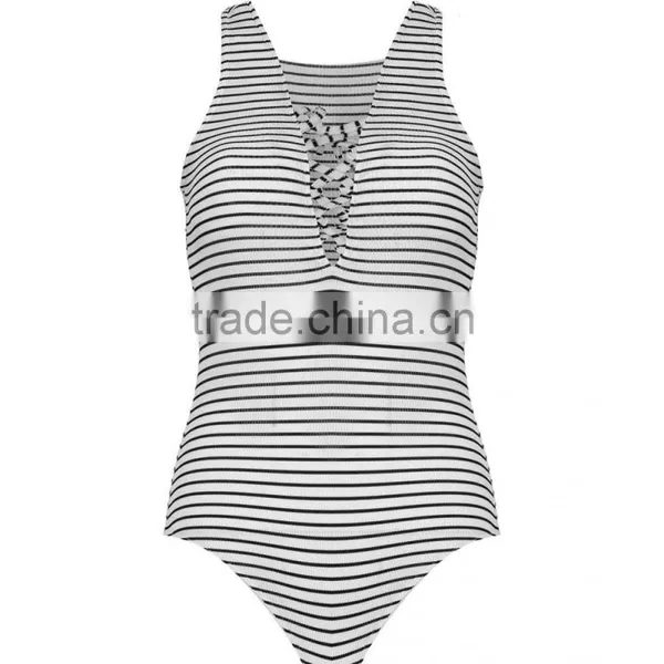 2016 New Fashion Lace Up Front Sleeveless Bodysuits Young Girl Black White Stripe Women Tops photo-2