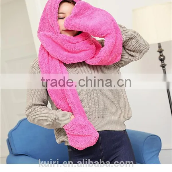2016 Hot Fashion New Women Winter Warm Soft Plush Faux Fur Hooded Cap Hat Scarves Hood Pocket Gloves Scarf 4 Color photo-2