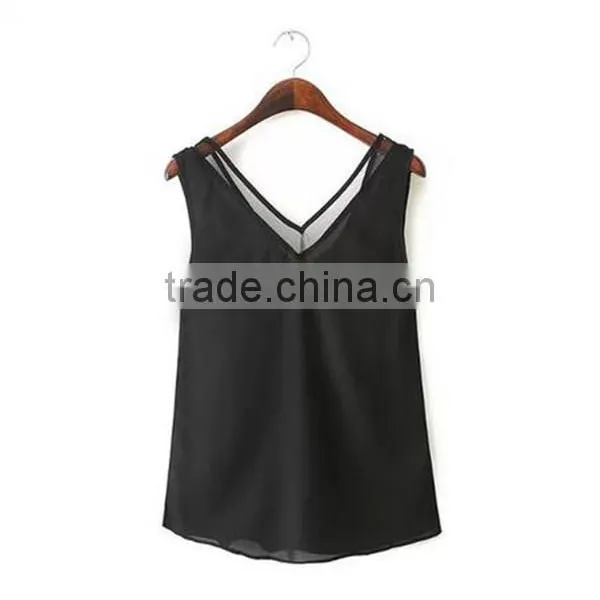 European and American Style Solid Color V-neck Blouses Stitching Gauze Halter T-shirt Tank Top Women photo-5