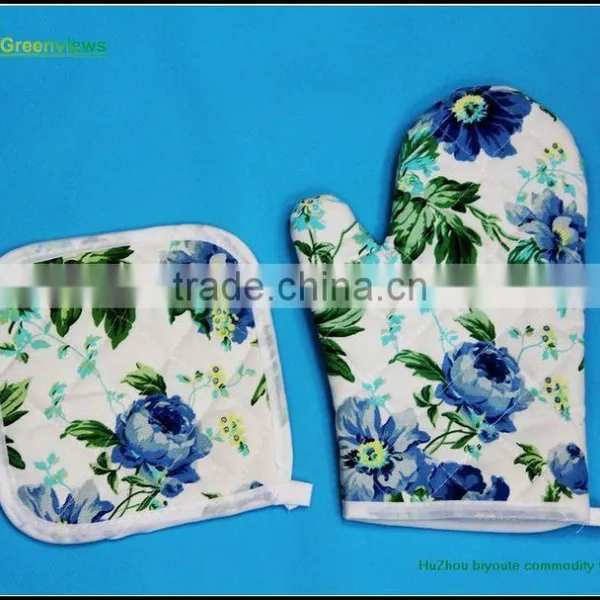 Cotton Printed Yellow Stripe Oven Mitt & Pot Holder Factory Eco Friendly Pot Holders and Oven Mitts 2 Kitchen Sets-oven photo-2