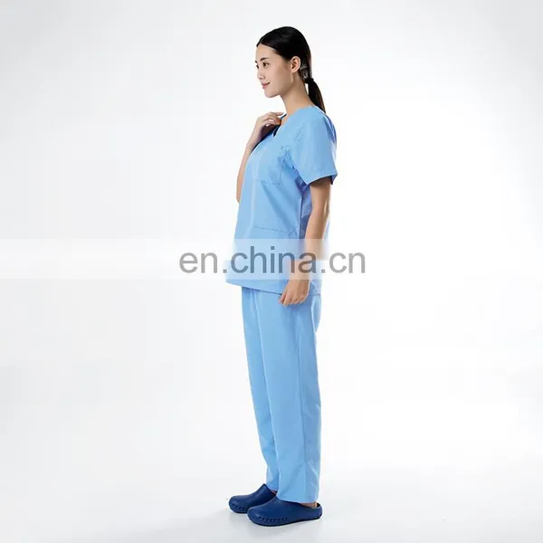 V-neck 3 Pocket Blue Polyester Cotton Oem Medical Scrub Suits photo-2