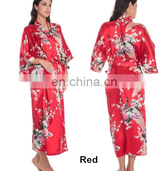 Women's Peacock Print Half Sleeve Silk Kimono Bridesmaid Long Robe Nightgown photo-5