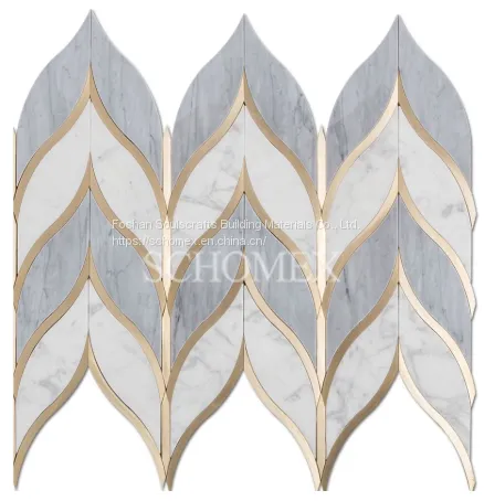 Leaf Shape Water jet Italy Statuario Mixed Grey Marble and Brass Gold Mosaic Tile Waterjet Mosaic Tile
