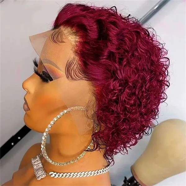 Pixie Cut Wig Short Bob Curly Human Hair Wigs Cheap 13X1 Transparent Lace 99J Burgundy Water Deep Wave Lace Front Wig For Women photo-4