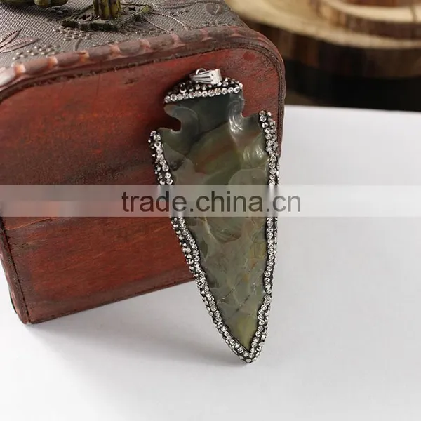 JF6918 Crystal Pave Large Hand Carved Jasper Stone Arrow Head Arrowhead Pendants,Arrow Head Charms Quality Choice photo-4