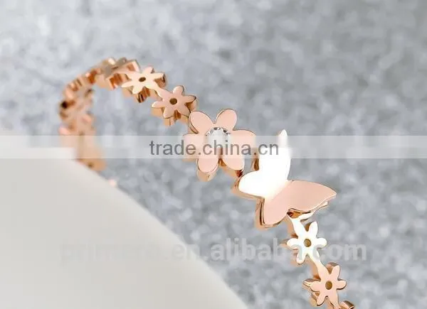 Fashion Titanium Steel Zircon Rose Gold Bangles Butterfly Daisy Bracelet photo-5