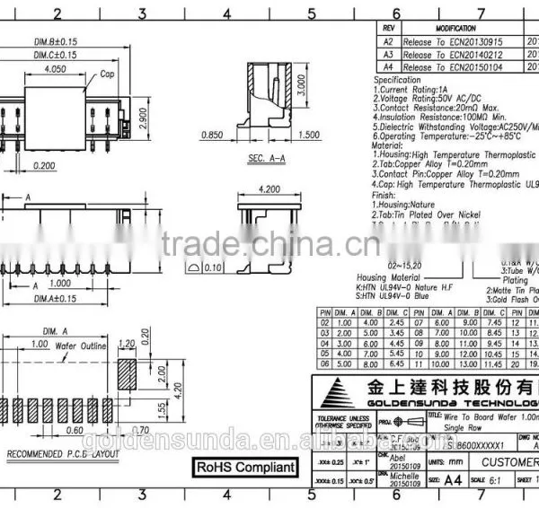 1.0mm Pitch 4-pin PCB Wire to Board SMT 180 Connector photo-4