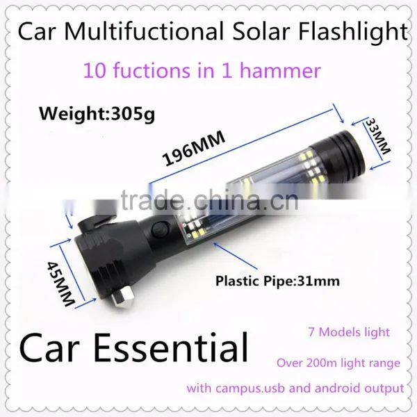 Gift Box-2016 NewTen Functions in One Flashlight,Solar LED Torch With Hammer Campus USB Android Output Car Essential Emmergency