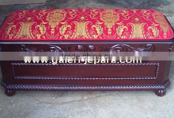 Upholstered Long Stool With Storage Box - Home Storage Stool With Red Upholstery - Wooden Mahogany Furnituree