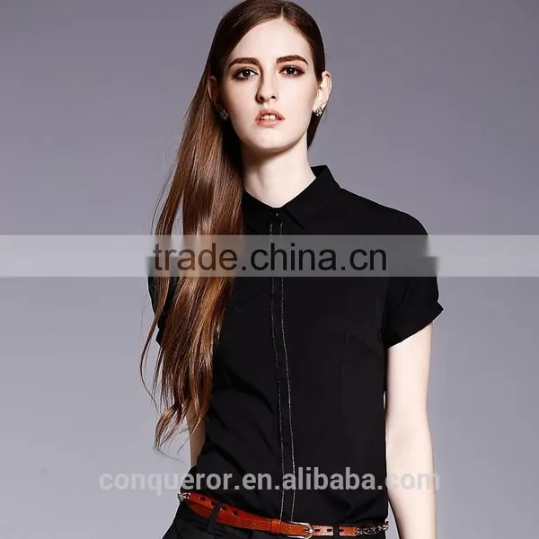 Ladies Fashion Short Sleeve Front Facing Placket Formal Shirt photo-4