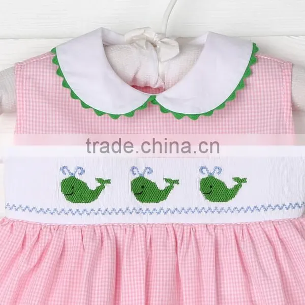 2017 Spring New Arrive Little Girls Easter Clothes Smocked Whale Collared Jummper Pink Gingham Dress photo-3