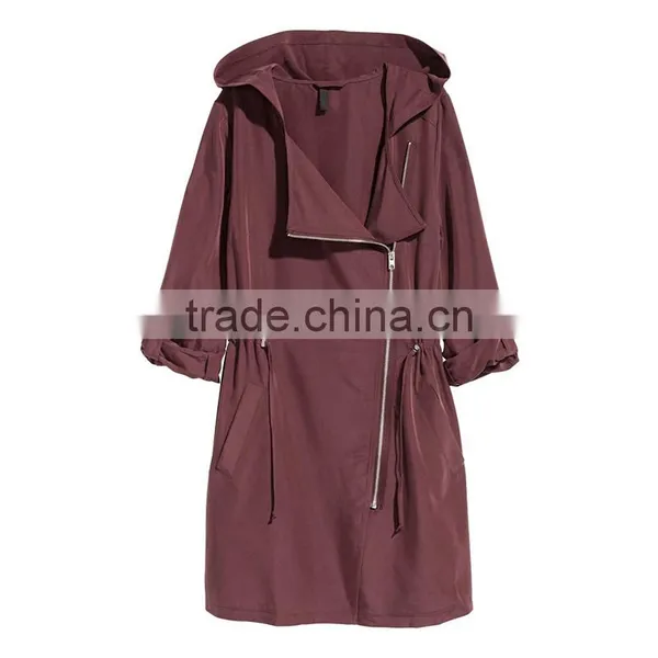 Hooded Parka Diagonal Zip Drawstring Waist Womens Long Warm Jackets photo-4