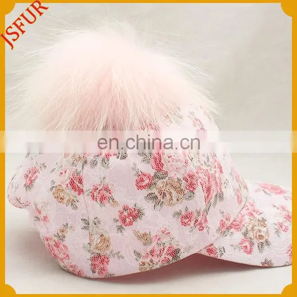 Clean Pink Baseball Hat With Genuine Raccoon Fur Ball Spring Saika Hat