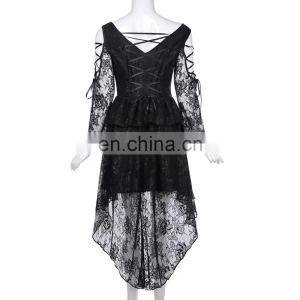 Belle Poque Retro Vintage Gothic Victorian Long Sleeve High-Low Black Lace Dress BP000350-1 photo-4