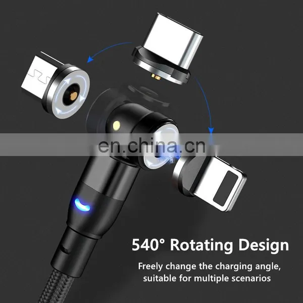 Wholesale 540 Rotation Magnet 3in 1 Nylon Led Micro USB Type C Data Magnetic Charging Cable for Phone photo-3