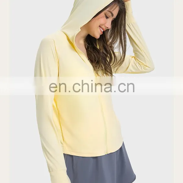 Custom Logo Outdoor Training Sportswear Hoodie Jacket Thumb Hole Sun Protection Clothing Yoga Gym Jacket For Women Workout Wear photo-3