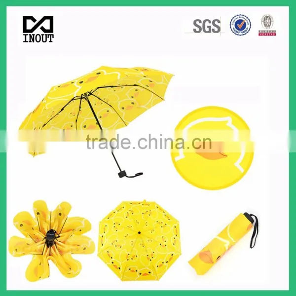 Black Metal Gift Duck Print Yellow 3 Folds Cute Printing Umbrella