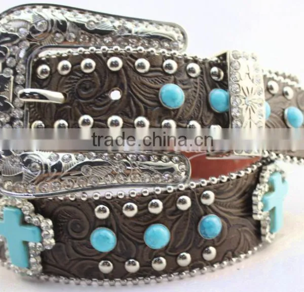 Floral Embossed Cowgirl Leather Western Turquoise Stone Studded Belts photo-2