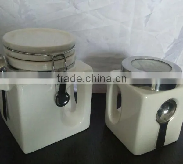 Plain White Ceramic Square Shape Storage Jar With Handle and Spoon photo-4