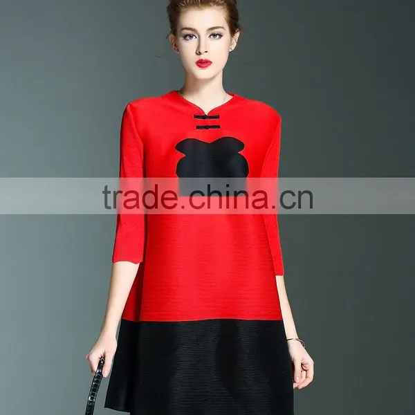 Retro Pleat Chinoiserie Printed Ladies Large Size Dress With Two Buttons photo-5