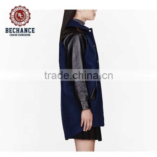 AB1502 Women Leather Sleeves Wool Long Coats photo-3