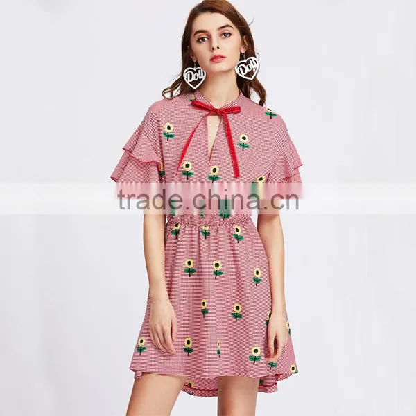 RED Flower Embroiedered and Ruffled Shoulder Women Cute Short Dress photo-5