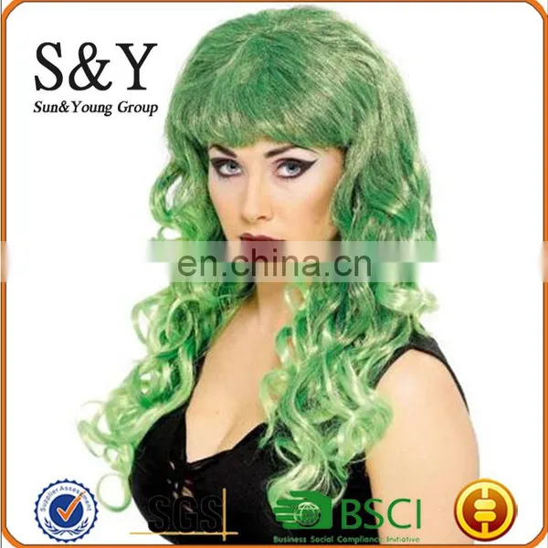 Womens Long Green Curly Glamour Siren Wig for Halloween Party