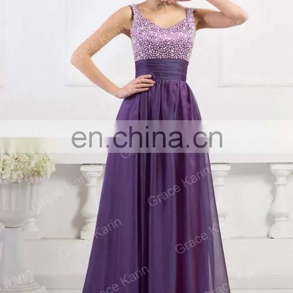 Grace Karin Sleeveless Long Chiffon Beaded Cheap Evening Dresses CL4104-3 photo-3