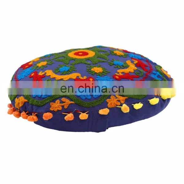 Home Decor Floral Suzani Pillow Cases Embroidered Indian Round Cushion Covers photo-2