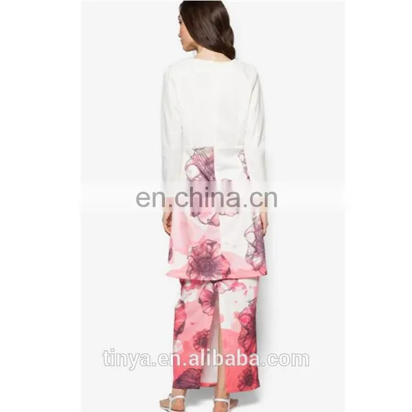 2017 Latest Fashion Chiffon Elegant Long Sleeve Flower Printed Baju Kurung Malaysia Modern photo-3