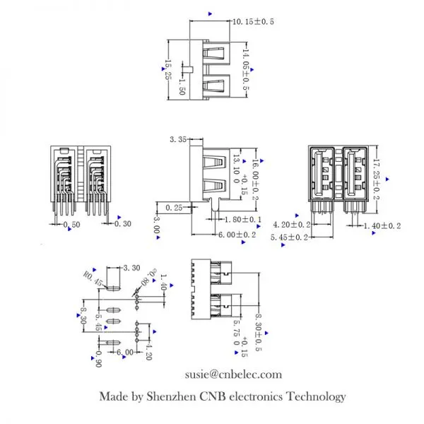 USB 2.0 Header Double Stack Connector, Right Angle Pac Mount Usb Connector photo-3