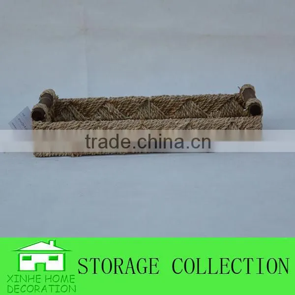 Rectangular Seagrass Woven Decorative Table Storage Tray With Wood Handle photo-2