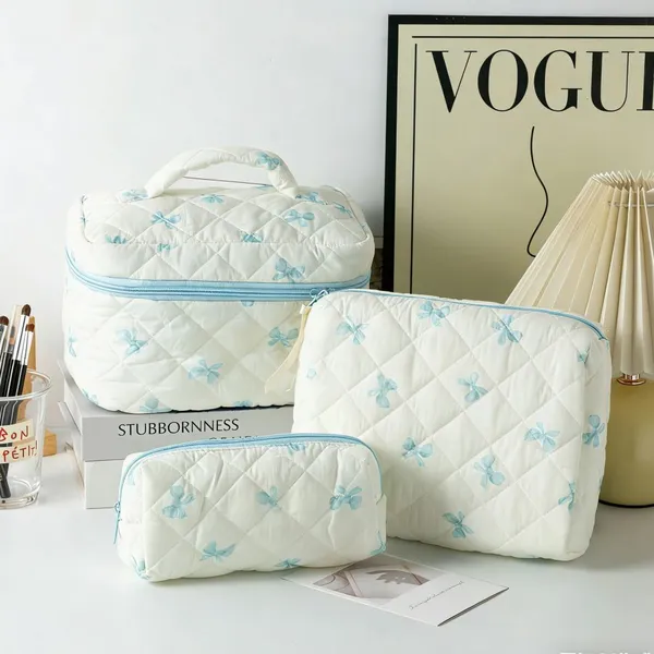 Large Capacity Quilted Floral Cosmetic Bag Set Portable Cotton Makeup Bags Zipper Closure Fashionable Hanging Travel Storage Bag photo-2