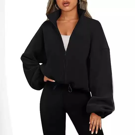 Women's 100% Polyester Stand Collar Cropped Polar Fleece Full Zip Jacket photo-4