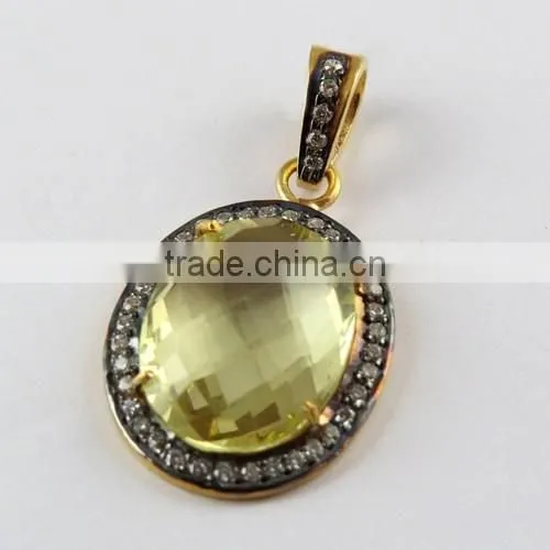 Vintage Lemon Quartz & CZ 925 Sterling Silver Pendant, Gemstone Silver Jewelry, Handmade Silver Jewelry photo-3