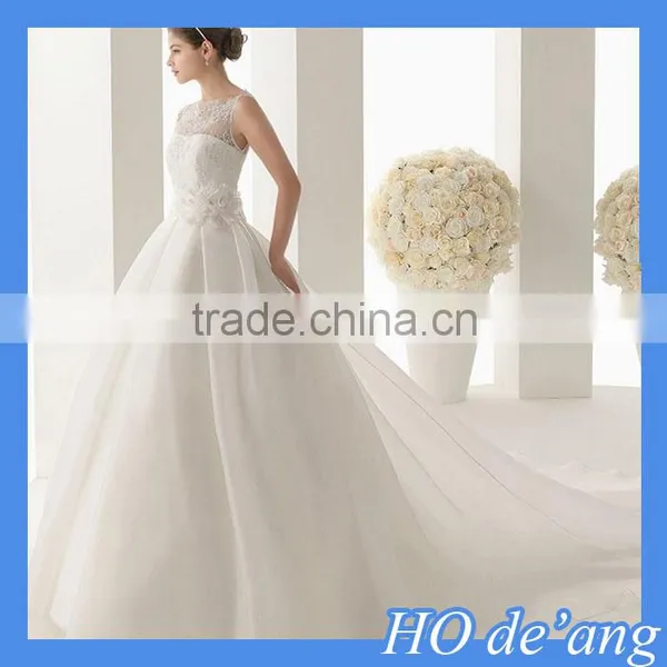 HOGIFT Simple Word Shoulder Sexy Lace Wedding Dress,Printed Flowers Luxurious Long Train Wedding Dress photo-3