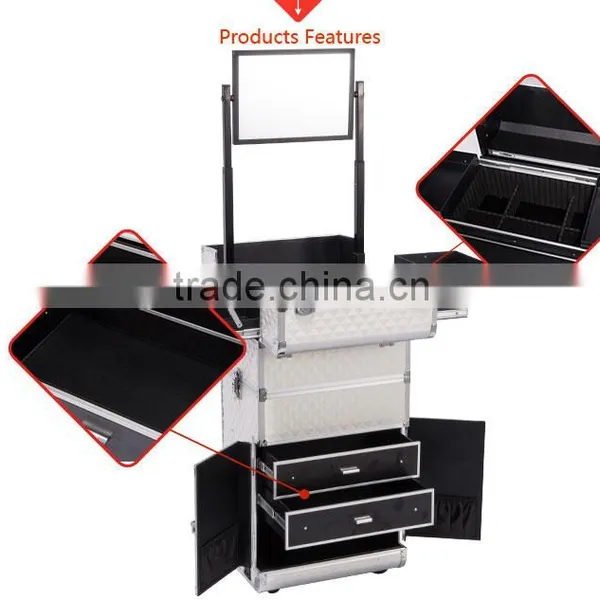 Salon Beauty Artist Professional Aluminum Rolling Trolley Makeup Case With Drawers photo-4