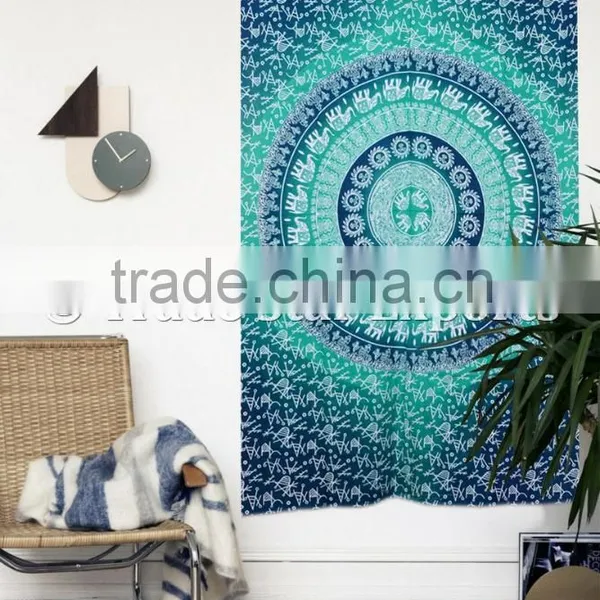 Ethnic Elephant Good Luck Hippie Gypsy Mandala Indian Ombre Wall Art Twin Cotton Boho Wall Hanging Tapestry