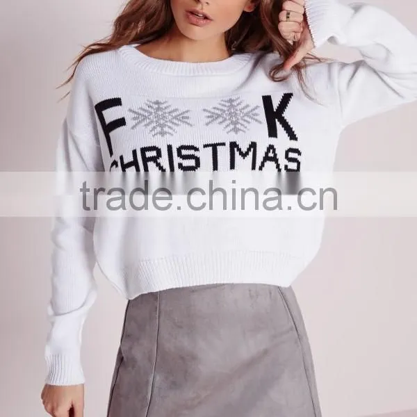 MGOO 2017 Latest Design Custom Made Women Christmas Jumper White Cropped Sweater Long Sleeve photo-3