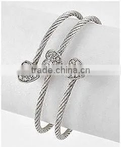 Hot sales of fashional clear rhinestone heart charm bracelet/Three rows metal opened cuff bangle silvr plated