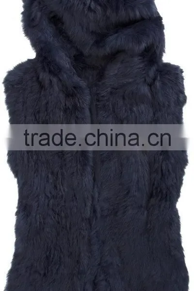 YR253 Latest Design Women Hooded Hand Knit Rabbit Fur Waistcoat photo-3