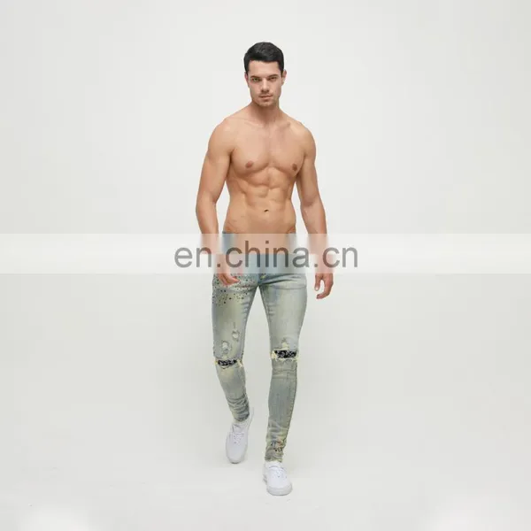 DiZNEW Denim Jeans Manufacturer Custom Hand Rhinestone Bandana Patch Distressed Jeans Man photo-6