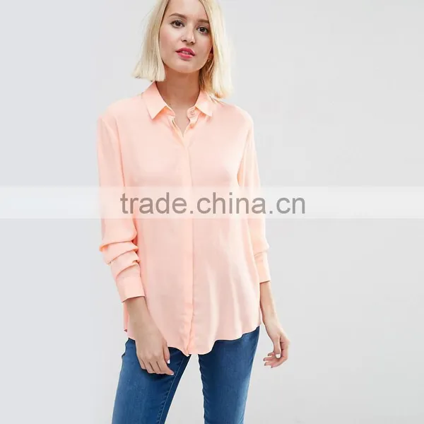 Pink Colour Chiffon Blouse Designs Long Sleeve Lady Blouse & Tops for Women