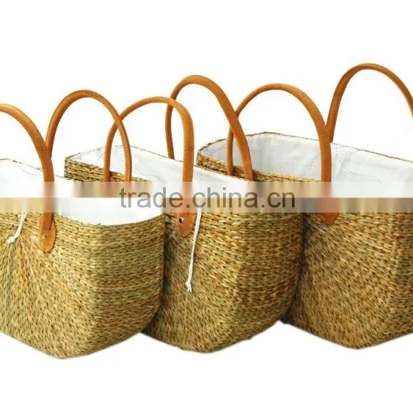 High Quality Best Selling Natural Water Hyancinth Shopping Lady Handbag With Leather Handle From Vietnam