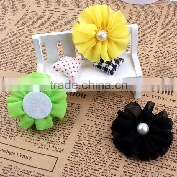 Handmade Chiffon Flower With Pearl Beads Center for Kids Hair Accessories for Baby Girl photo-4