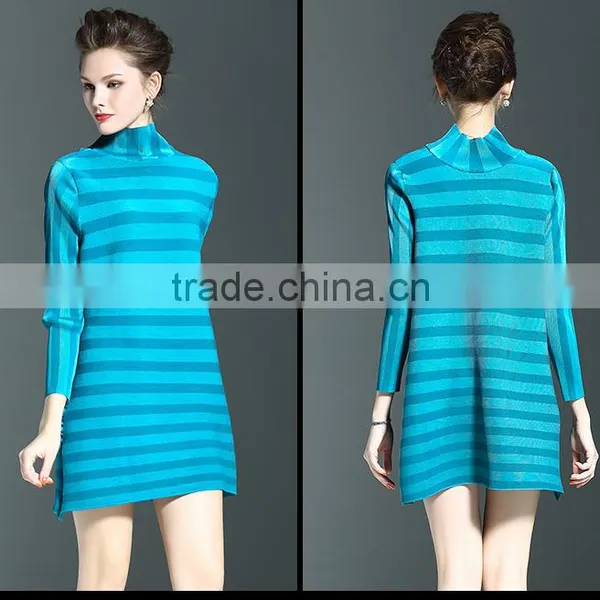 Spring Models Lady Casual Clothing Stripped Turtleneck Crinkled Dress photo-4