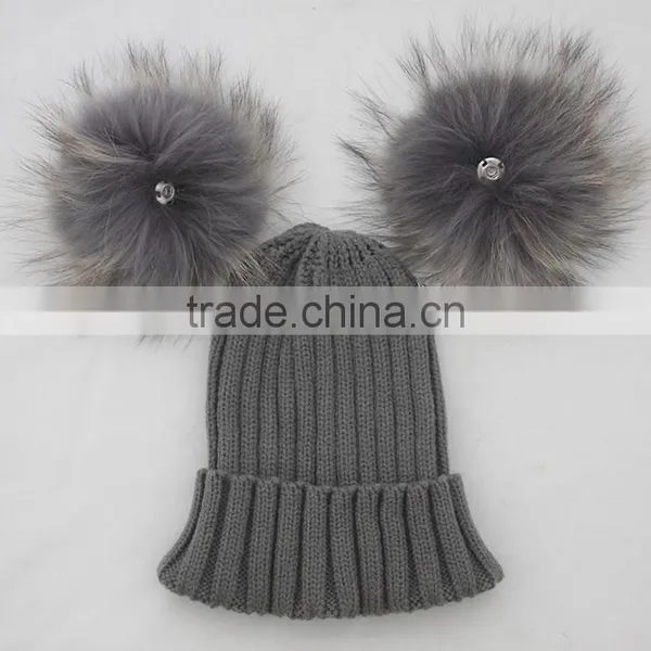 Myfur Dark Grey Wool Knitting Hat With Detachable Raccoon Fur Pom Poms photo-2