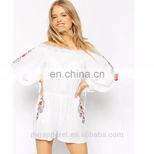 Beautiful Off Shoulder Lace Trim Floral Embroidery Playsuit Adult Romper Pattern