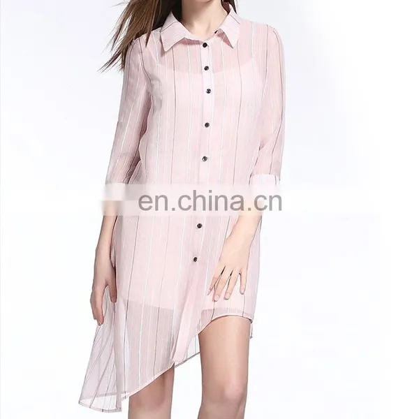 Elegant Women Long Sleeve Stripe Pattern Long Chiffon Loose Tops photo-4